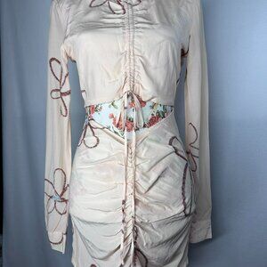 WITH JEAN Cut Out Roxy Dress Peach Floral Print Tie Front Size XSmall Longsleeve